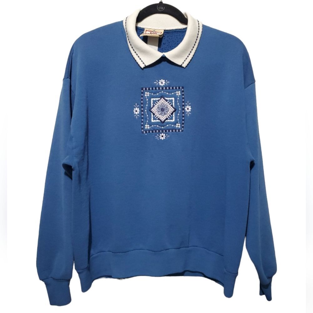 Top Stitch Vintage Embroidered Granny Sweatshirt with Collar Size Large
